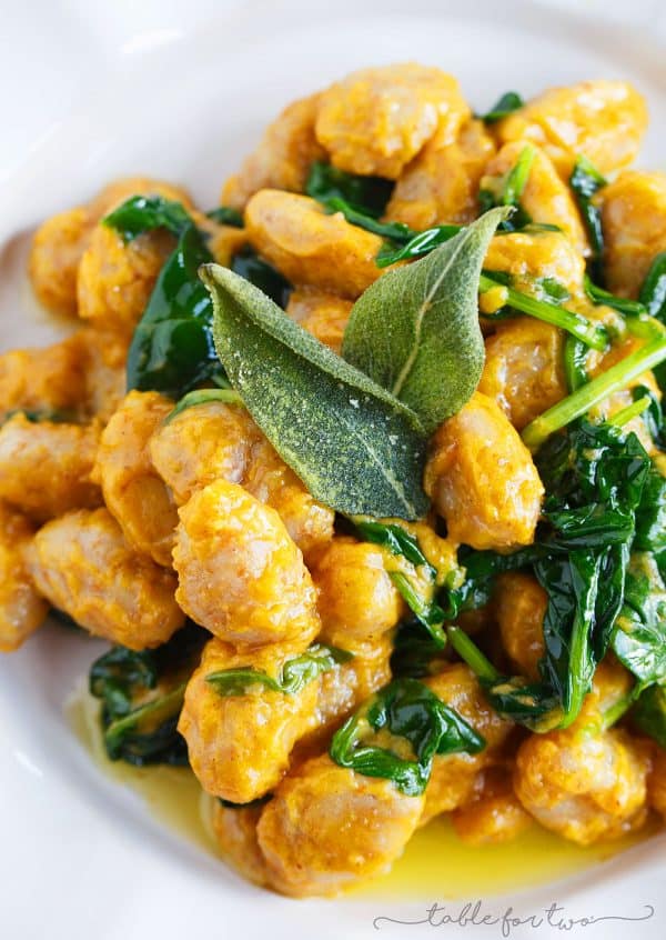 Whole wheat gnocchi with brown butter sage and pumpkin sauce is a deliciously creamy and nutty dish that is full of Fall flavors.