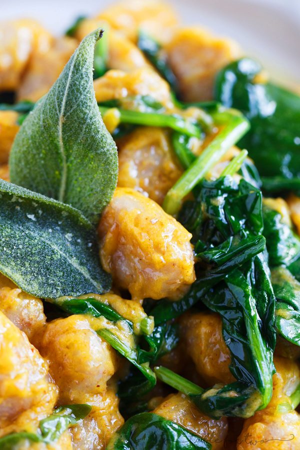 Whole wheat gnocchi with brown butter sage and pumpkin sauce is a deliciously creamy and nutty dish that is full of Fall flavors.