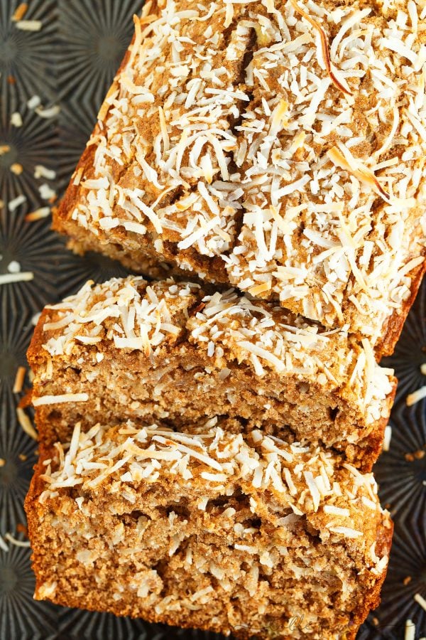 The intoxicating smell of coconut banana bread will be drifting throughout your house as soon as you pop this in the oven! Super moist and tender; you will want to make a double batch!