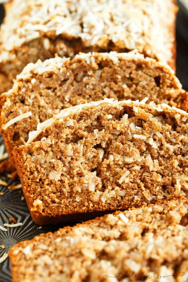 The intoxicating smell of coconut banana bread will be drifting throughout your house as soon as you pop this in the oven! Super moist and tender; you will want to make a double batch!