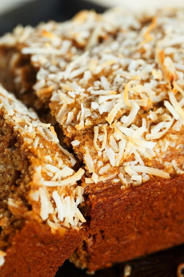 The intoxicating smell of coconut banana bread will be drifting throughout your house as soon as you pop this in the oven! Super moist and tender; you will want to make a double batch!