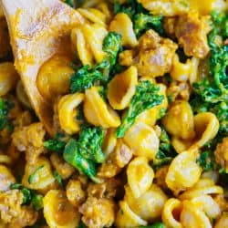 Savory pumpkin dishes are the way to go this Fall if you're in a dinner rut! This pumpkin mascarpone orecchiette with spicy sausage and broccolini will satisfy every person in your family! The pumpkin and mascarpone makes the creamiest sauce and the spicy sausage gives this pasta dish the perfect salty and spicy bite. You will make this over and over again! It's not just a Fall dish!