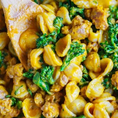 Savory pumpkin dishes are the way to go this Fall if you're in a dinner rut! This pumpkin mascarpone orecchiette with spicy sausage and broccolini will satisfy every person in your family! The pumpkin and mascarpone makes the creamiest sauce and the spicy sausage gives this pasta dish the perfect salty and spicy bite. You will make this over and over again! It's not just a Fall dish!