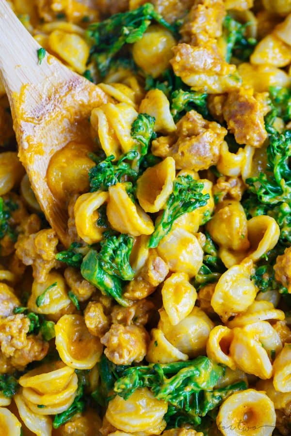 Savory pumpkin dishes are the way to go this Fall if you're in a dinner rut! This pumpkin mascarpone orecchiette with spicy sausage and broccolini will satisfy every person in your family! The pumpkin and mascarpone makes the creamiest sauce and the spicy sausage gives this pasta dish the perfect salty and spicy bite. You will make this over and over again! It's not just a Fall dish!