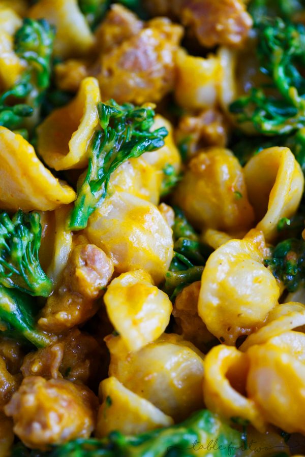 Savory pumpkin dishes are the way to go this Fall if you're in a dinner rut! This pumpkin mascarpone orecchiette with spicy sausage and broccolini will satisfy every person in your family! The pumpkin and mascarpone makes the creamiest sauce and the spicy sausage gives this pasta dish the perfect salty and spicy bite. You will make this over and over again! It's not just a Fall dish!