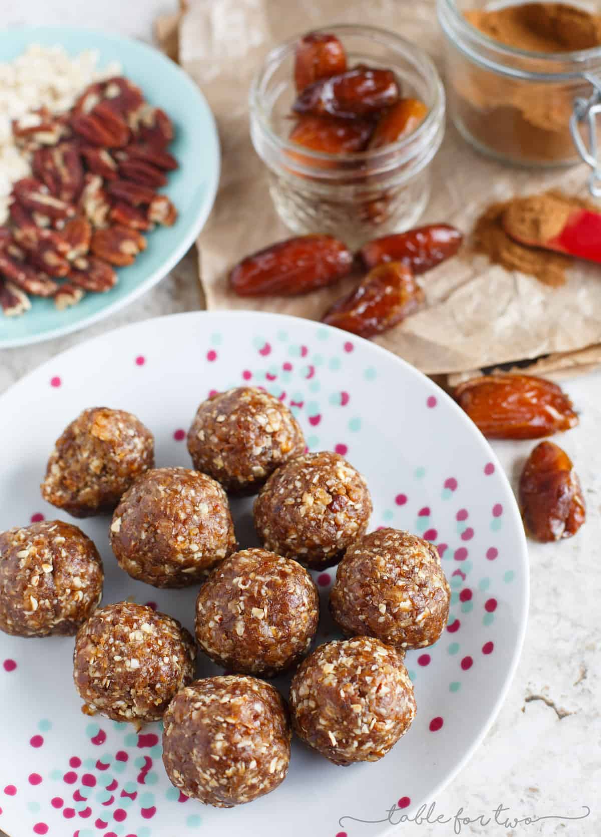 These pumpkin pie energy snack balls are the perfect sweet treat for the season! They're naturally sweetened and will curb any sweet tooth but you won't feel bad about it!