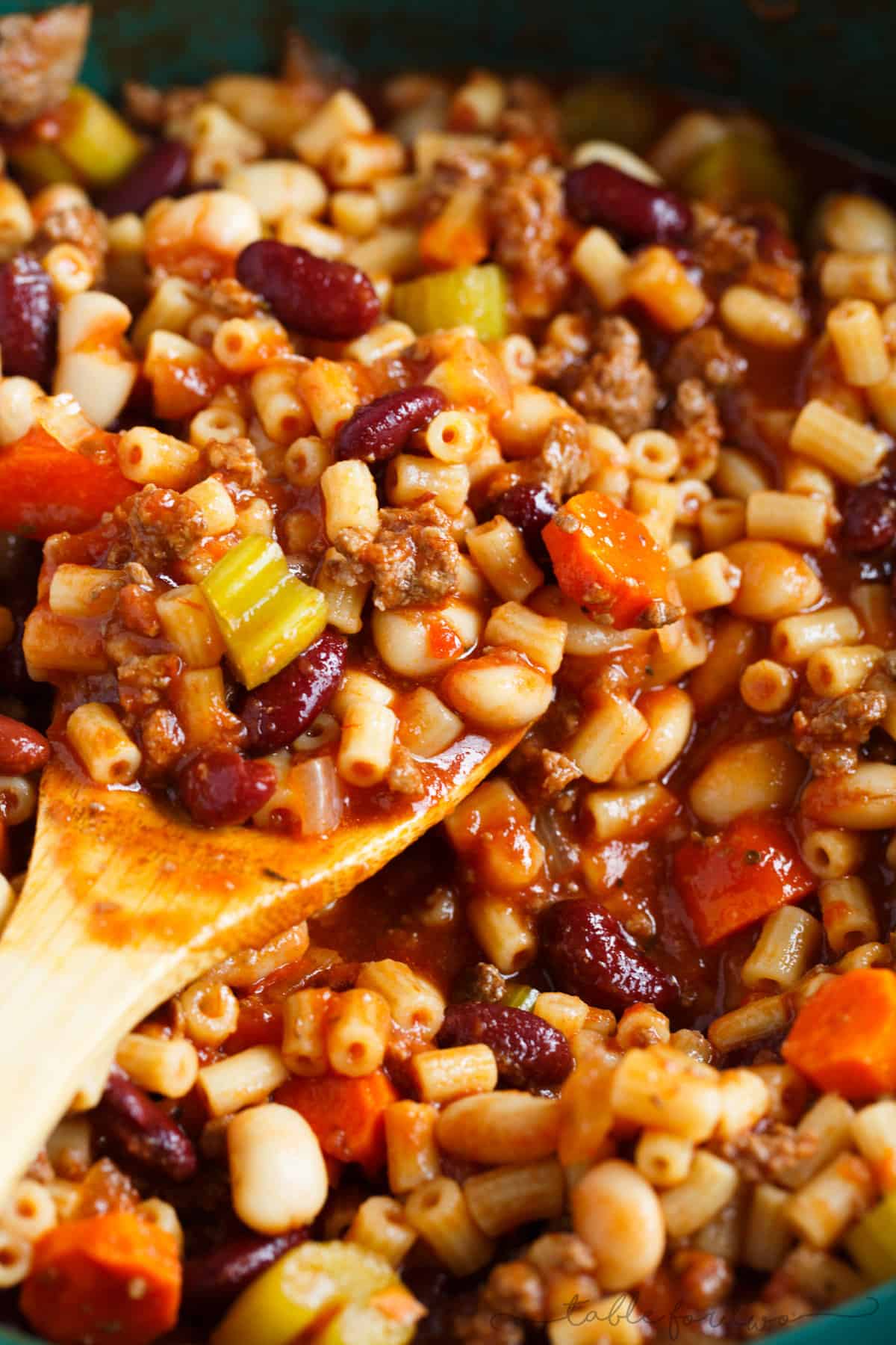 A thick and hearty slow cooker meal. This slow cooker pasta fagioli is full of hearty beef, beans, veggies, and pasta. Makes for great comfort food in the cooler months or for busy weeks that leftovers won't get boring!