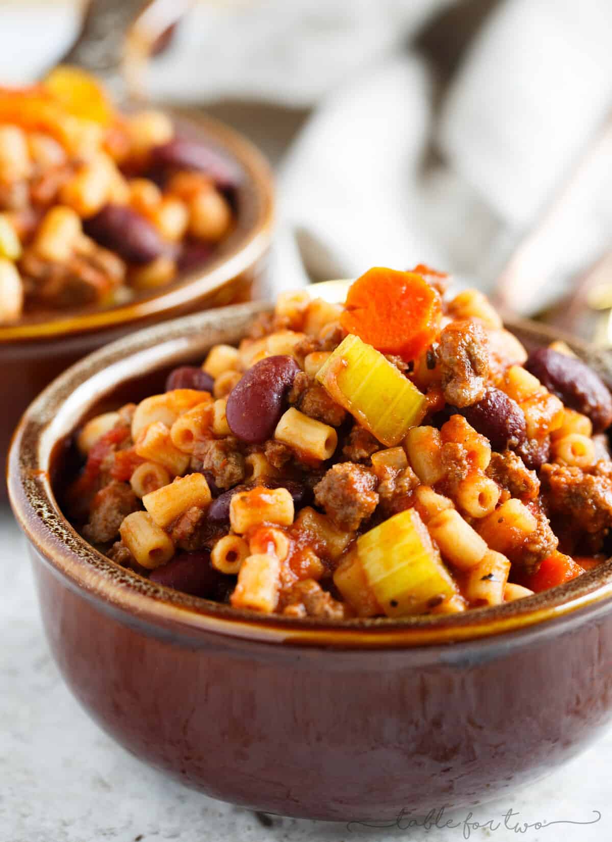 A thick and hearty slow cooker meal. This slow cooker pasta fagioli is full of hearty beef, beans, veggies, and pasta. Makes for great comfort food in the cooler months or for busy weeks that leftovers won't get boring!