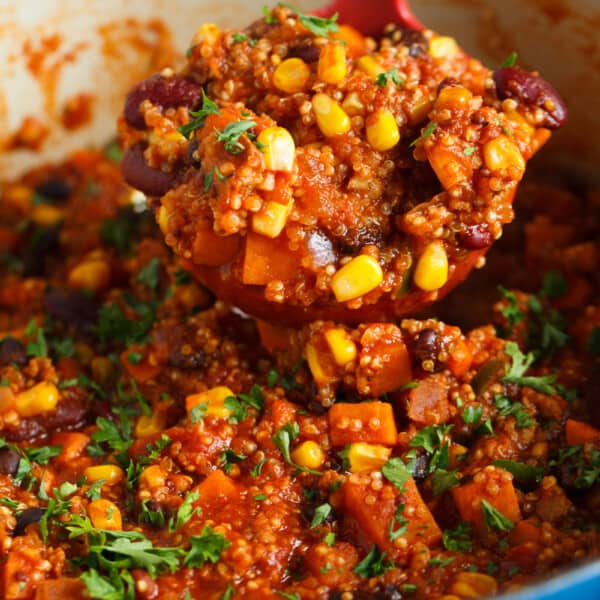 This stovetop turkey quinoa chili is a great spin on the classic chili dish! Full of hearty and delicious ingredients, you will love this chili for any night of the week or a perfect dish to serve for game day festivities!