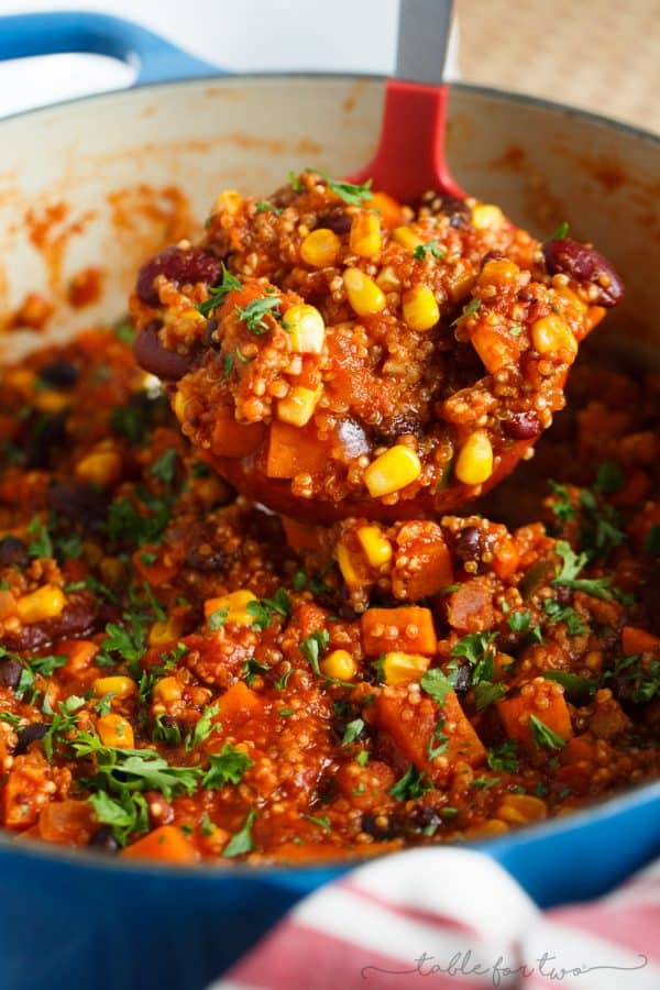 This stovetop turkey quinoa chili is a great spin on the classic chili dish! Full of hearty and delicious ingredients, you will love this chili for any night of the week or a perfect dish to serve for game day festivities!