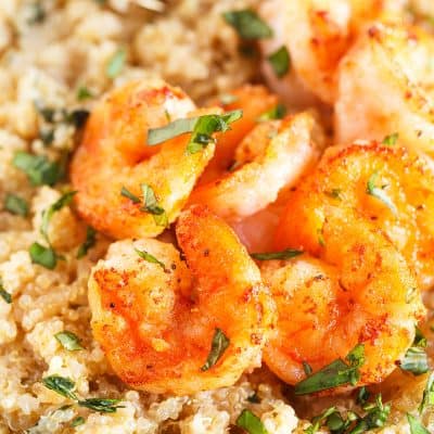 Garlic butter shrimp is a quick and easy weeknight dinner idea! Serve on top of quinoa and you've got yourself a complete and healthy meal!