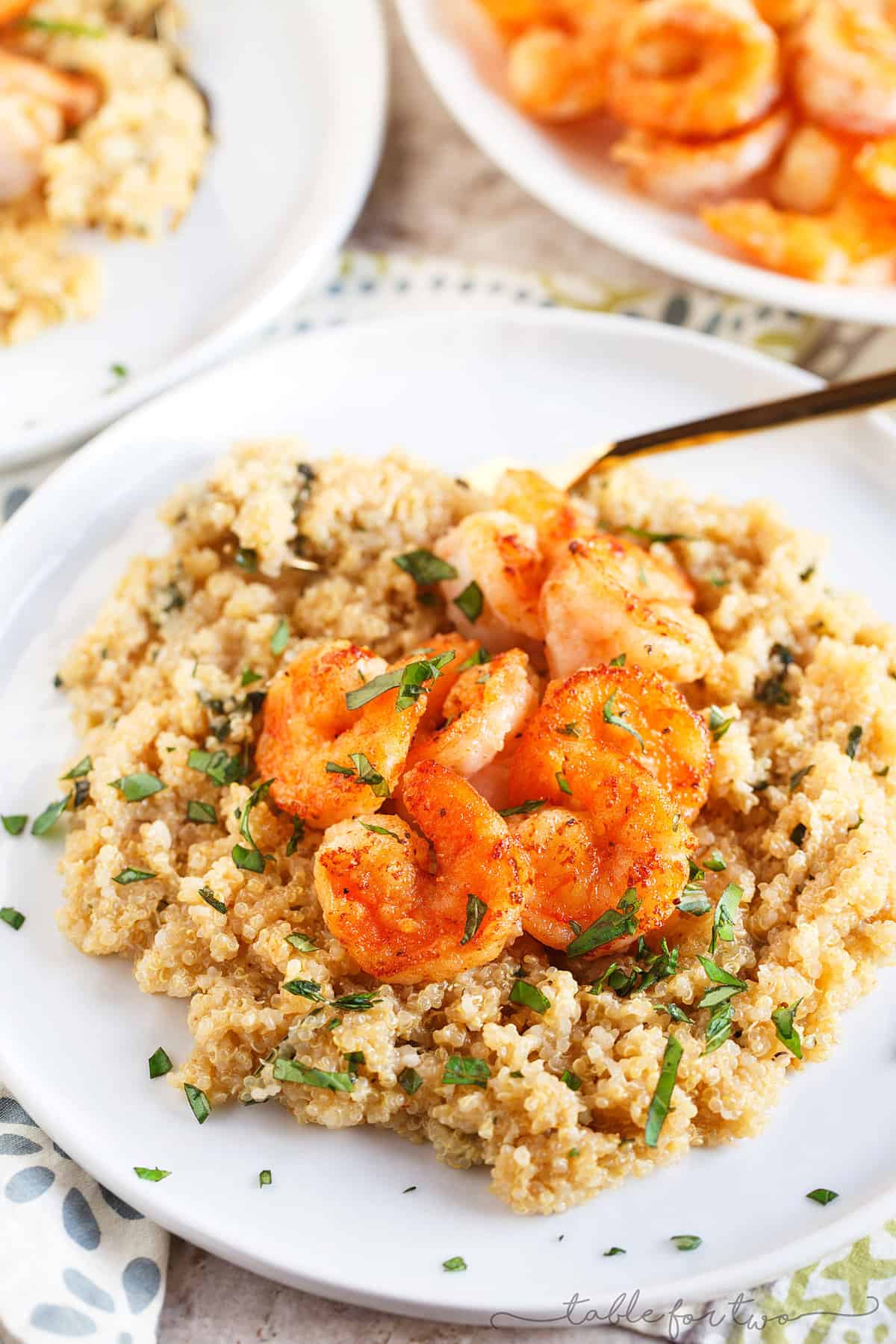 Garlic butter shrimp is a quick and easy weeknight dinner idea! Serve on top of quinoa and you've got yourself a complete and healthy meal!