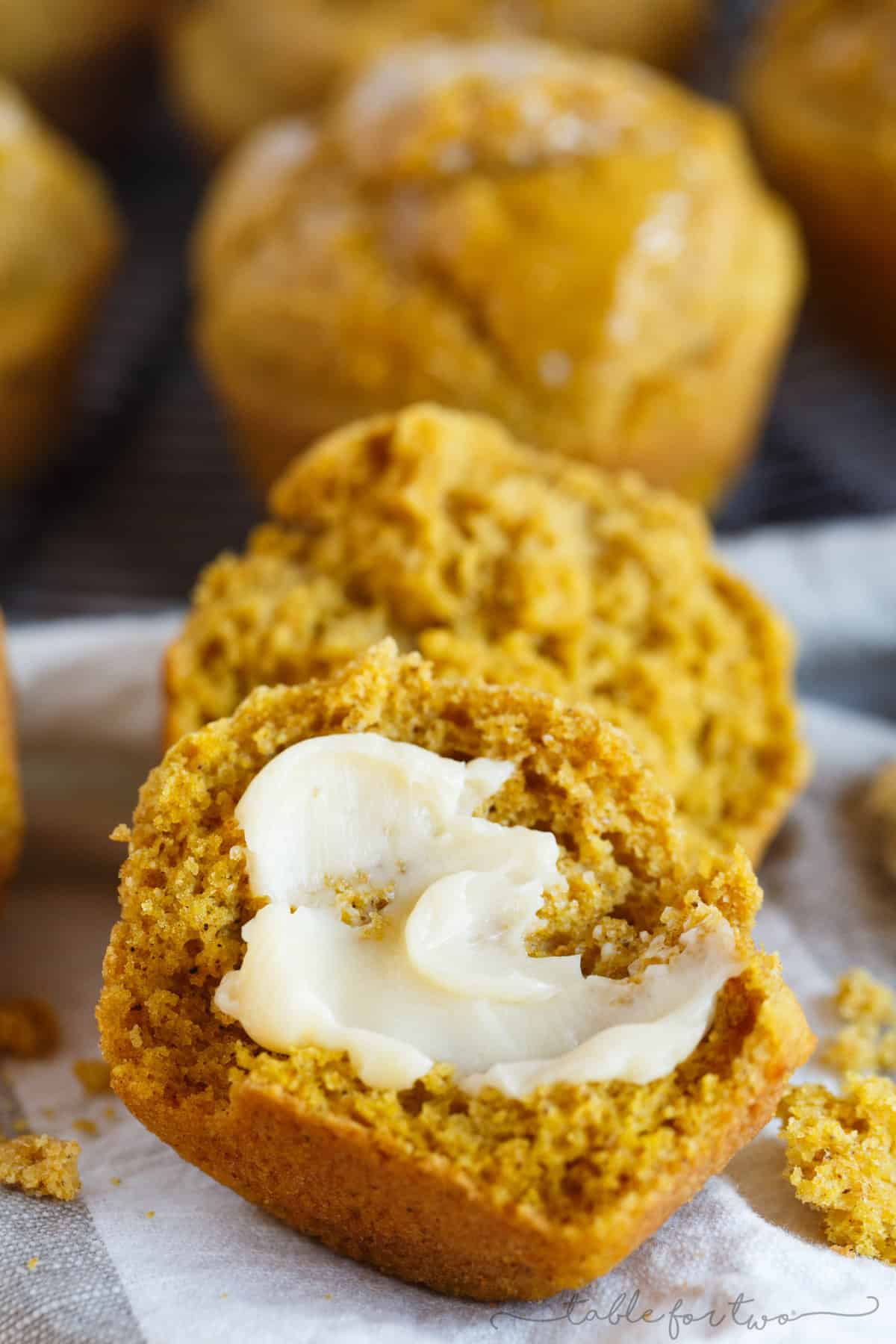 Closeup shot of Pumpkin Cornbread Muffin with maple butter