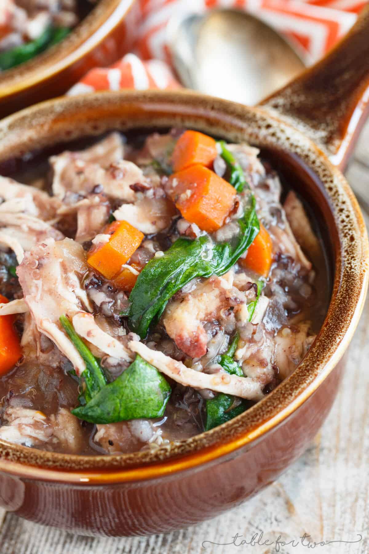 A delicious hearty and comforting slow cooker wild rice stew made with leftover Thanksgiving turkey or any other extra meat that you have leftover! It's a great way to incorporate leftovers in a different way!