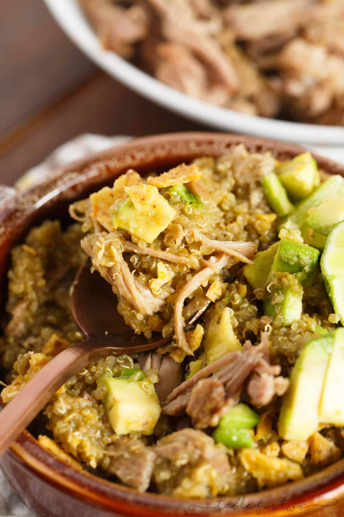 A low-effort weeknight meal with lots of flavor! Slow cooker poblano and tomatillo shredded pork and quinoa is a dish your family will love! The leftovers taste even better after the flavors meld even more! This can even be made in your pressure cooker!