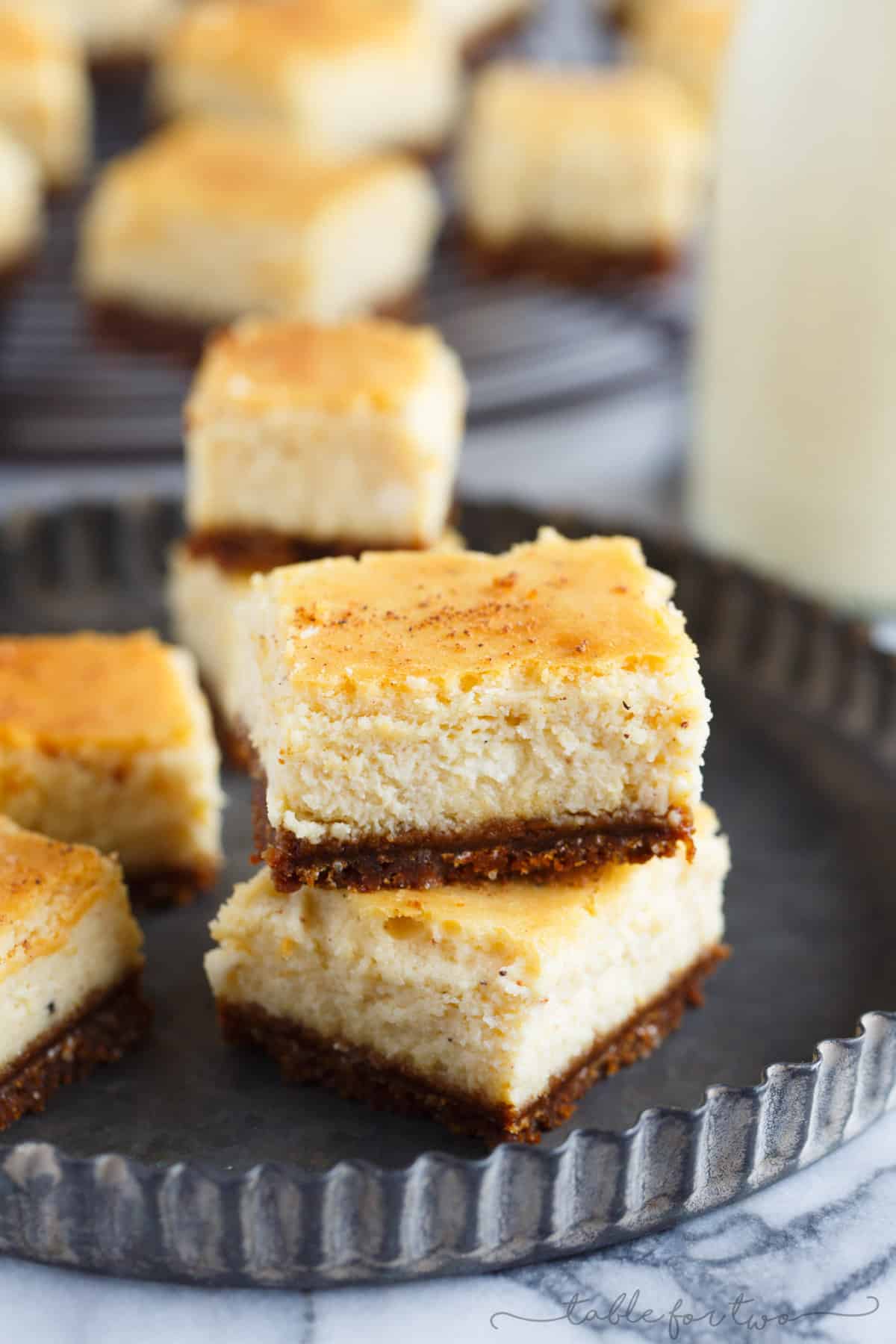 These adorable eggnog cheesecake bites with gingersnap crust are the perfect little addition to your holiday table! These little bites will be gone before you know it!