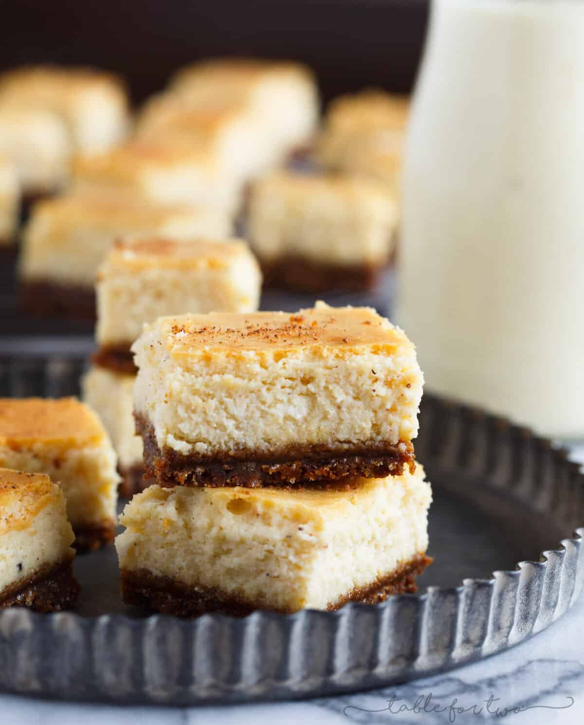 These adorable eggnog cheesecake bites with gingersnap crust are the perfect little addition to your holiday table! These little bites will be gone before you know it!