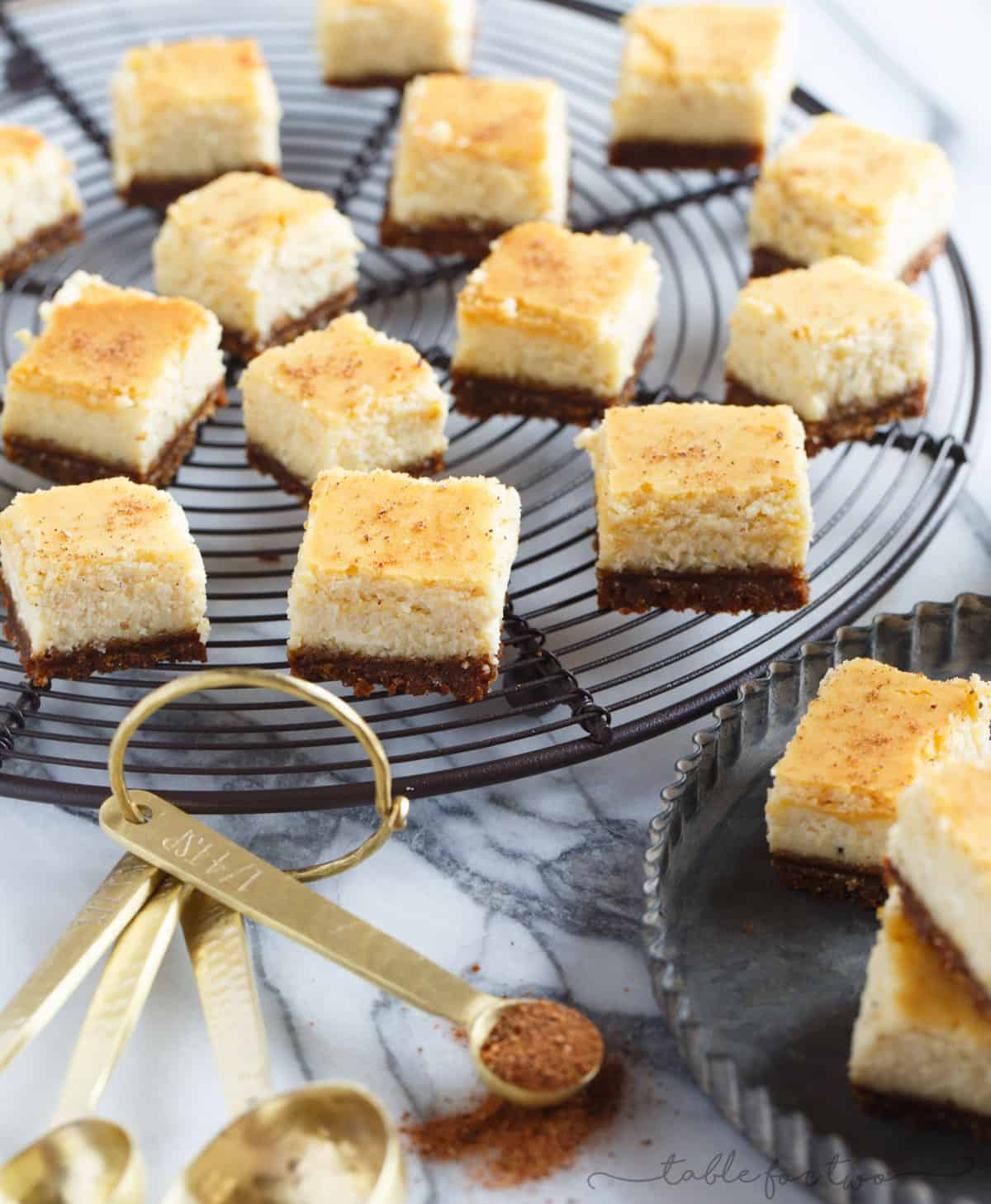 These adorable eggnog cheesecake bites with gingersnap crust are the perfect little addition to your holiday table! These little bites will be gone before you know it!