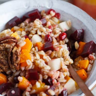 This winter farro salad can turn any drab winter day to a bright one! The farro salad is full of vibrant colors and ingredients and topped off with a sweet and tangy blood orange vinaigrette that finishes the salad perfectly!