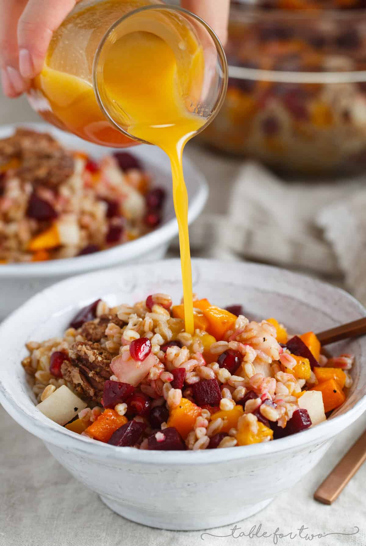 This winter farro salad can turn any drab winter day to a bright one! The farro salad is full of vibrant colors and ingredients and topped off with a sweet and tangy blood orange vinaigrette that finishes the salad perfectly!