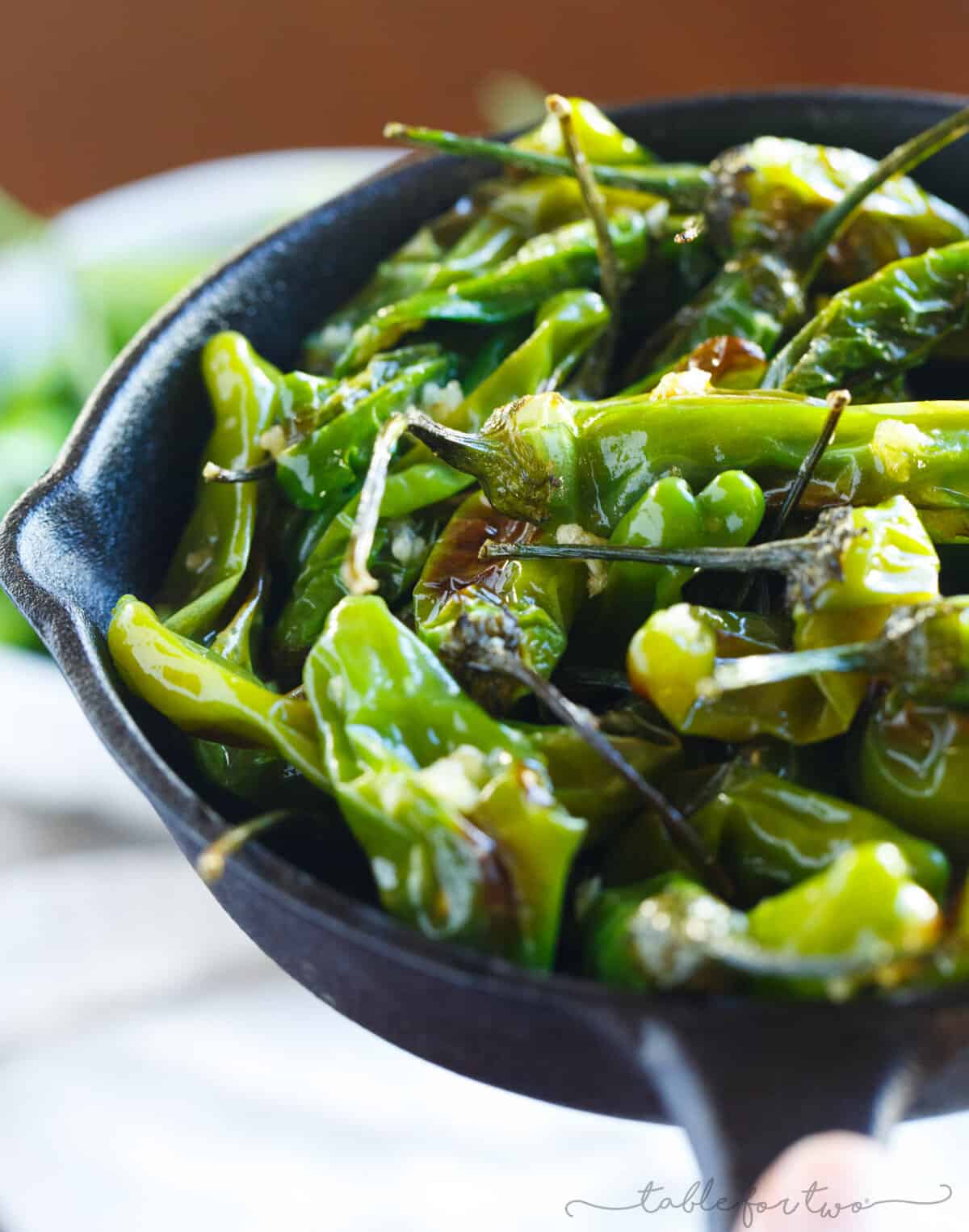 Blistered shishito peppers tossed in garlic and olive oil make for a great snack if you're feeling a little heat!