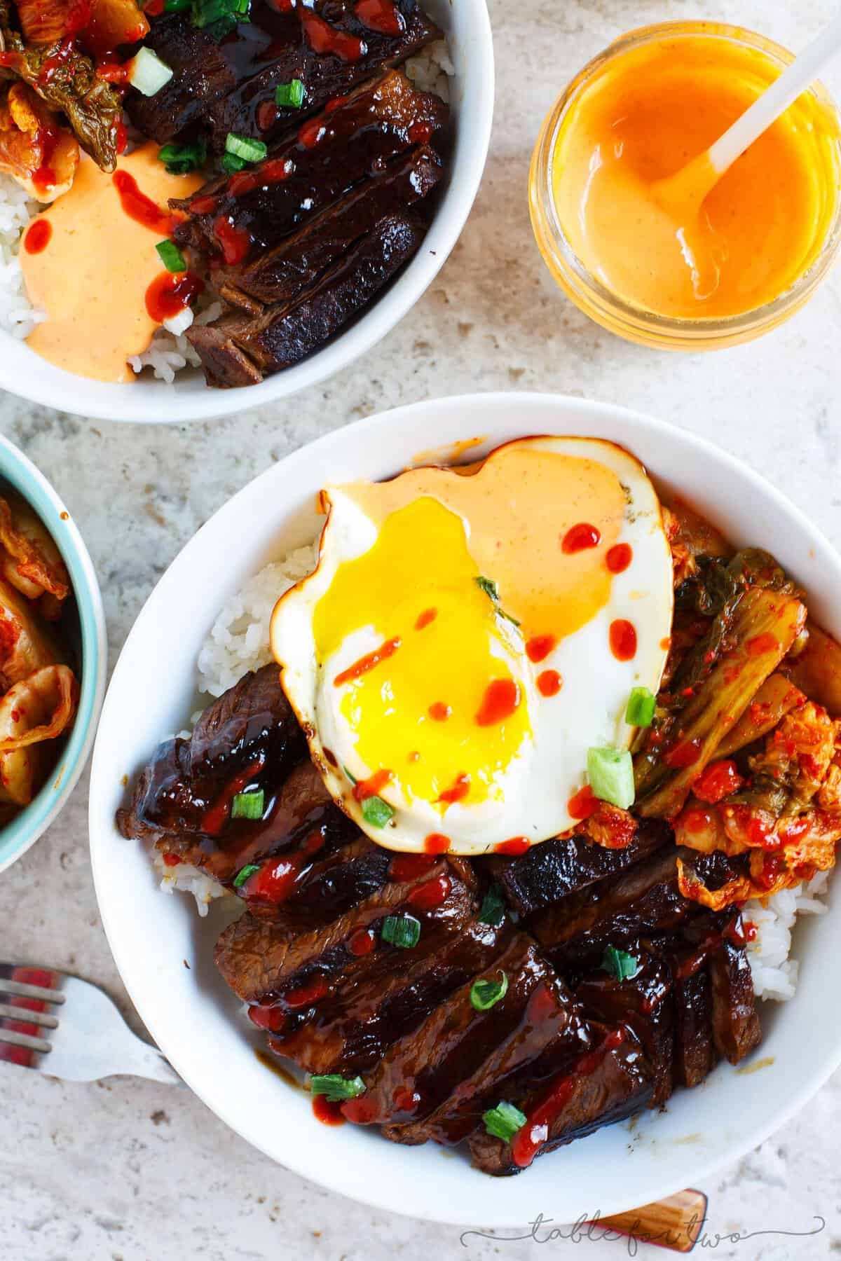 These Korean galbi bowls are so full of flavor after marinating them in a delicious sauce overnight! Build your Korean galbi bowl however you want with whatever you desire!