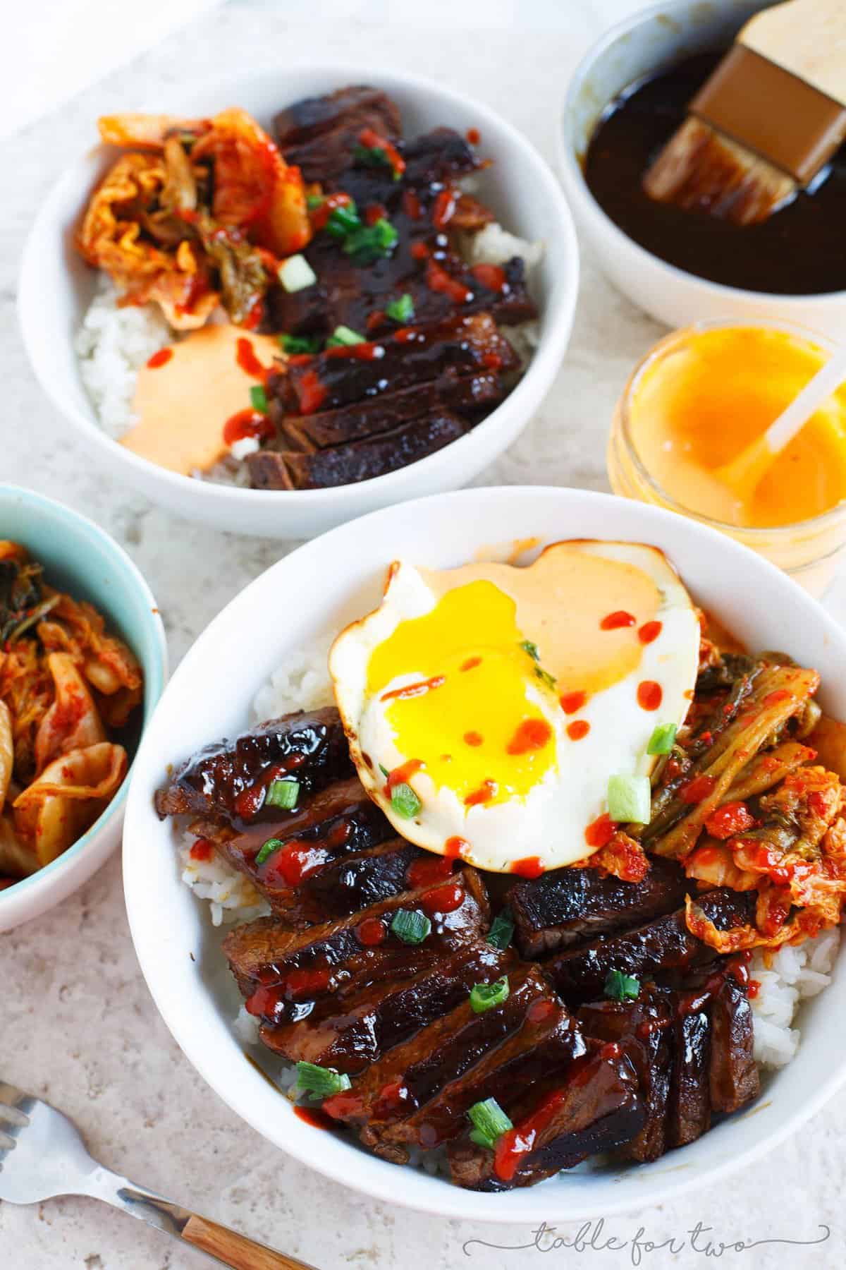 These Korean galbi bowls are so full of flavor after marinating them in a delicious sauce overnight! Build your Korean galbi bowl however you want with whatever you desire!