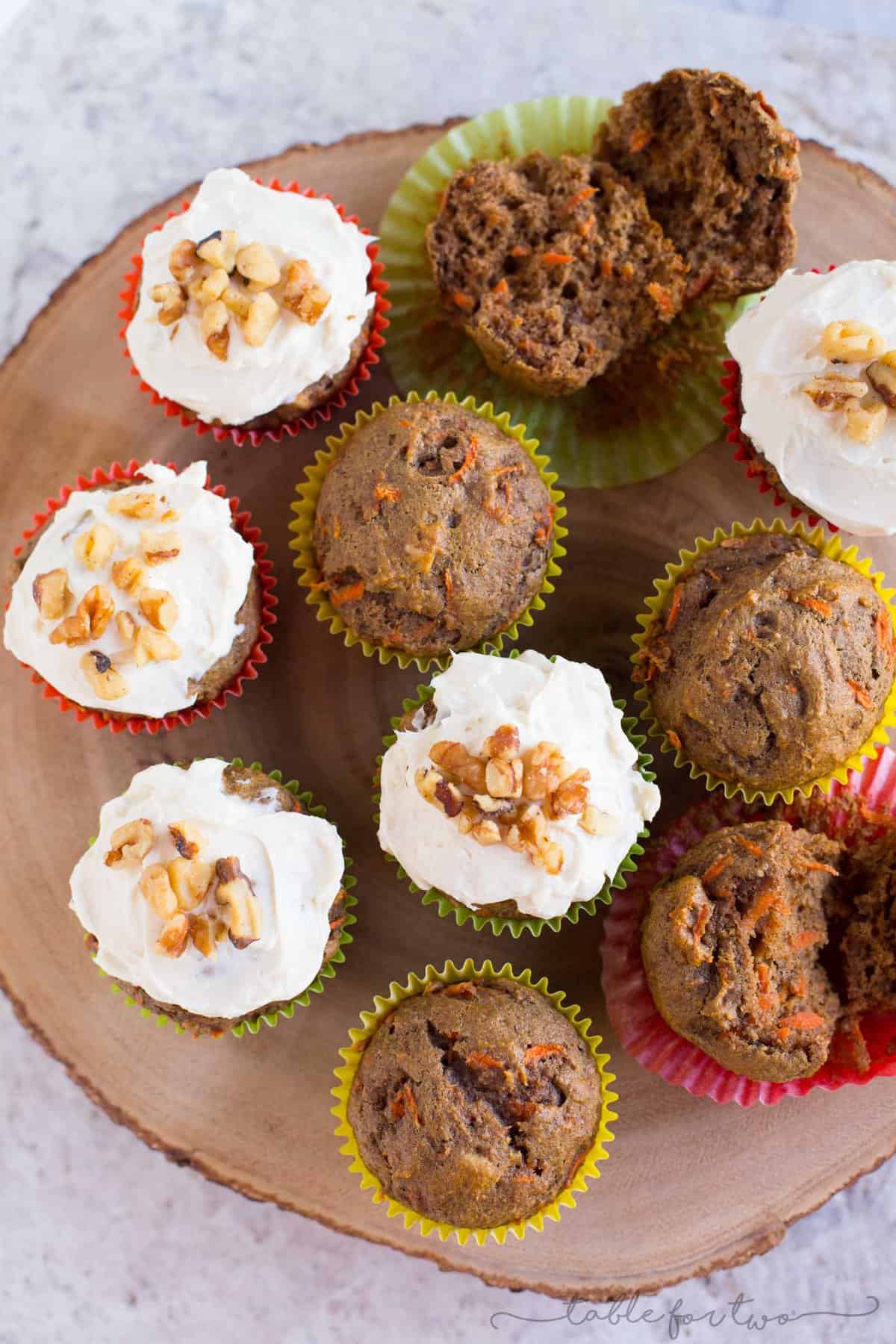 Tender and moist carrot cake muffins that are topped generously with a cream cheese frosting. The perfect muffins when you don't want to make an entire carrot cake! An easy and pretty healthy treat for any occasion or for Easter celebrations!