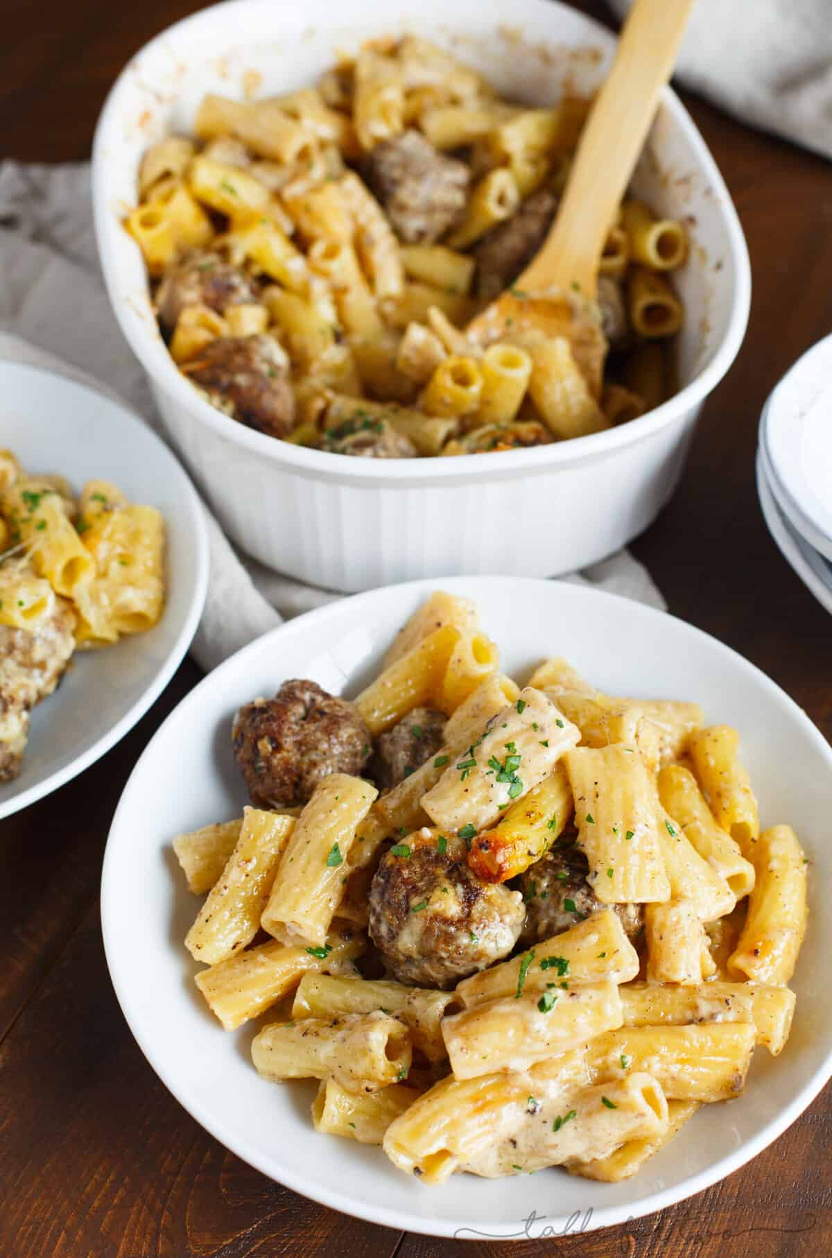 A fun take on the classic Swedish meatballs. This creamy Swedish meatball pasta bake is filled with pasta, cheese, and meatballs; the ultimate comfort food!