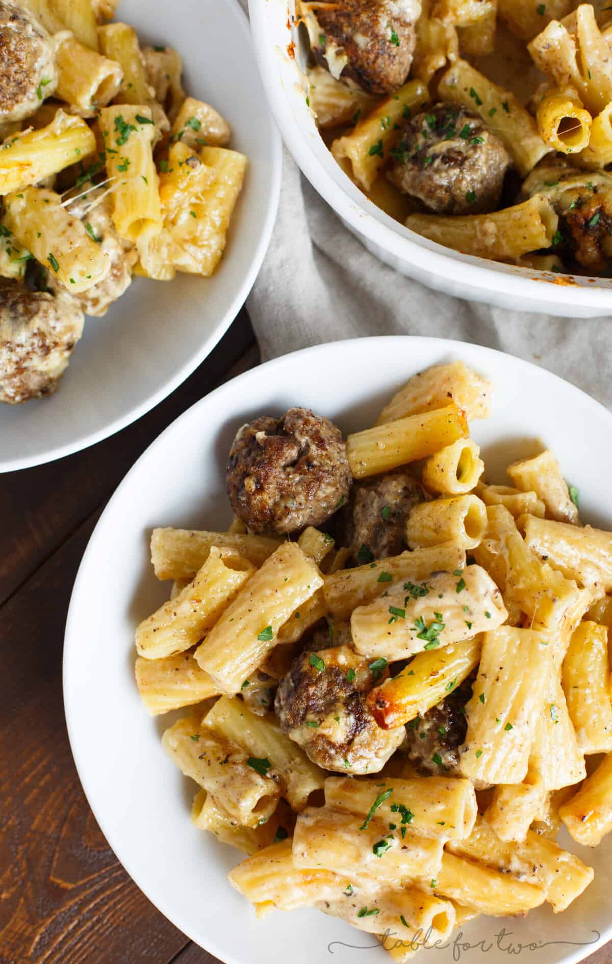 A fun take on the classic Swedish meatballs. This creamy Swedish meatball pasta bake is filled with pasta, cheese, and meatballs; the ultimate comfort food!