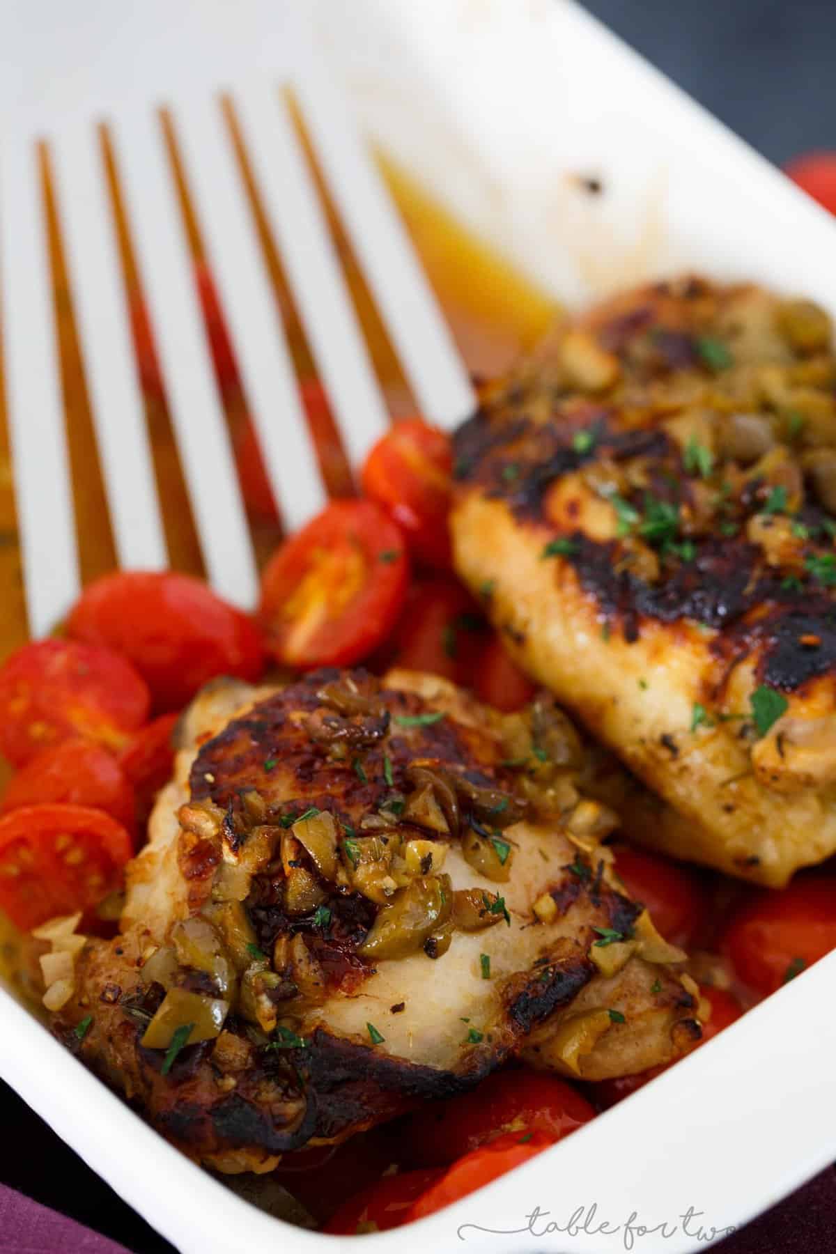 This oven-roasted chicken with olives and tomatoes is a deliciously flavorful weeknight dish. If you love briney and sweet; this roasted chicken is going to be your new favorite. The marinade is packed with flavor and is the perfect compliment to chicken!