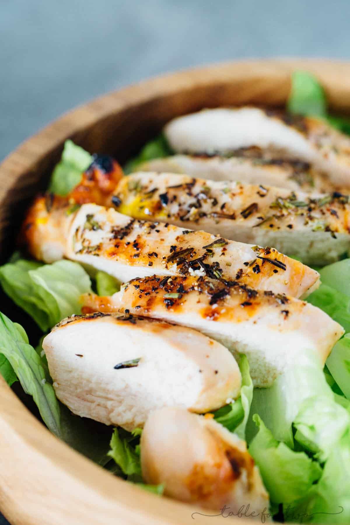 An easy grilled chicken recipe for grill season! Throw this grilled rosemary on a bed of salad leaves and top the salad with your favorite toppings!