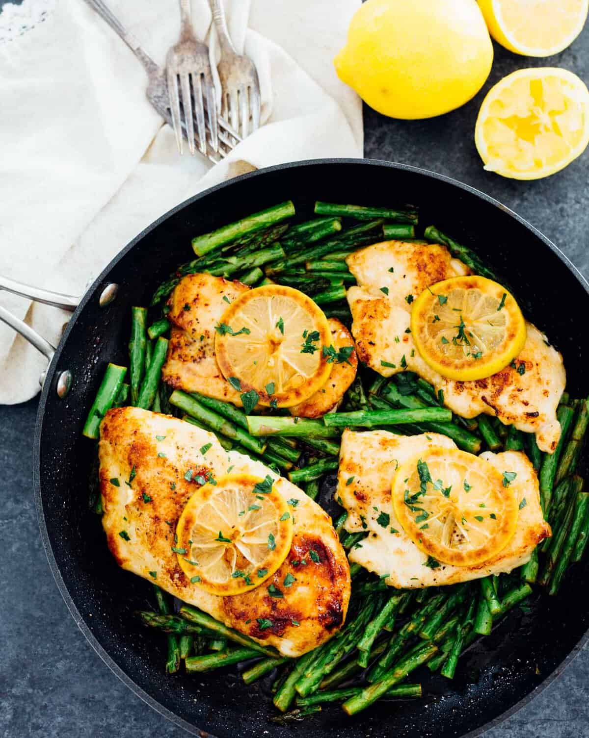 This honey butter lemon chicken with asparagus has some of the freshest ingredients to make a flavorful weeknight dish! This recipe is quick and easy and uses one-skillet! Less mess and easy clean-up!