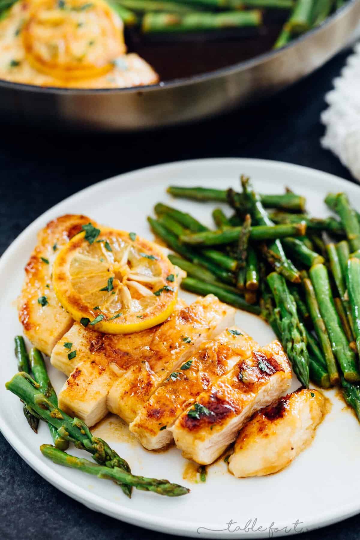 This honey butter lemon chicken with asparagus has some of the freshest ingredients to make a flavorful weeknight dish! This recipe is quick and easy and uses one-skillet! Less mess and easy clean-up!