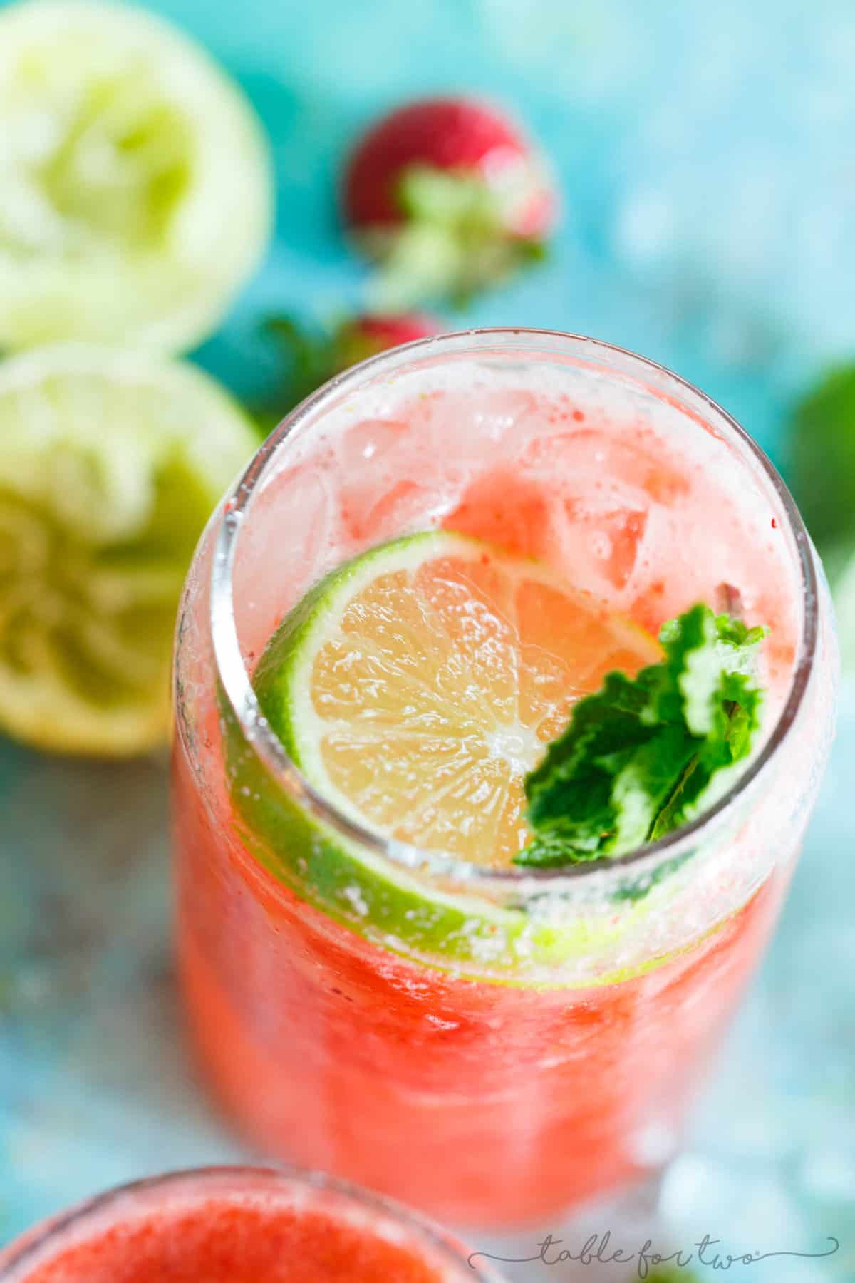 This refreshing strawberry rosé mint limeade is made with fresh seasonal ingredients! You will love sipping on this at your next outdoor party or get-together! Fresh strawberries are key and the refreshing mint and tangy lime juice rounds out the flavors of this drink perfectly! Serve with or without alcohol!