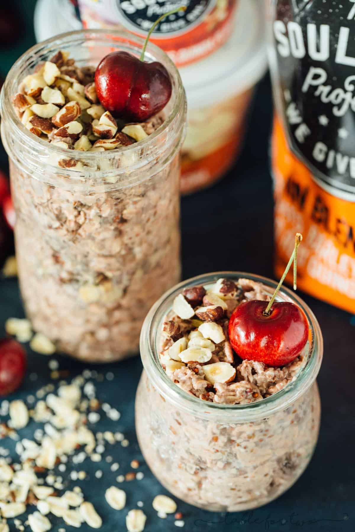 Fresh cherries make the base of this cherry pie overnight oats recipe! This takes no time to put together and you'll end up with a quick on-the-go breakfast the next morning! #TheSoulfullProject #ad