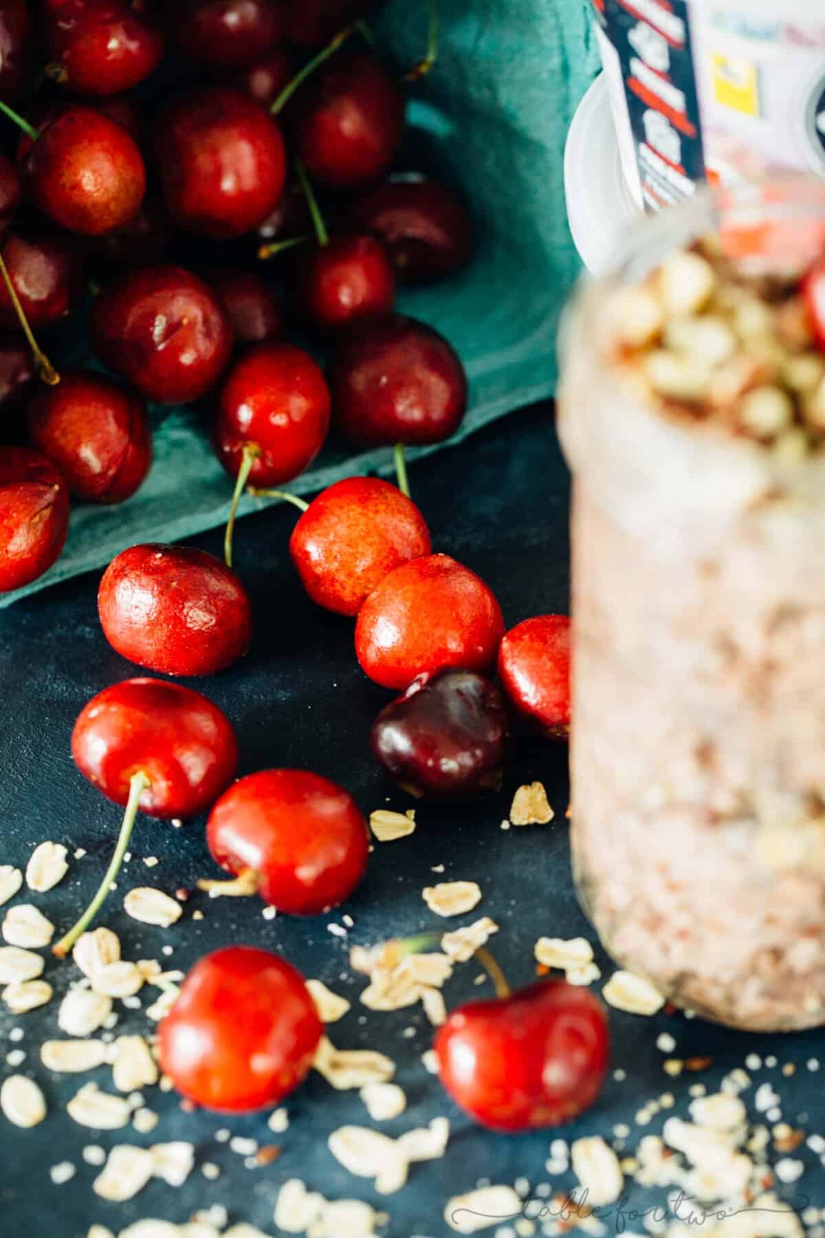 Fresh cherries make the base of this cherry pie overnight oats recipe! This takes no time to put together and you'll end up with a quick on-the-go breakfast the next morning! #TheSoulfullProject #ad