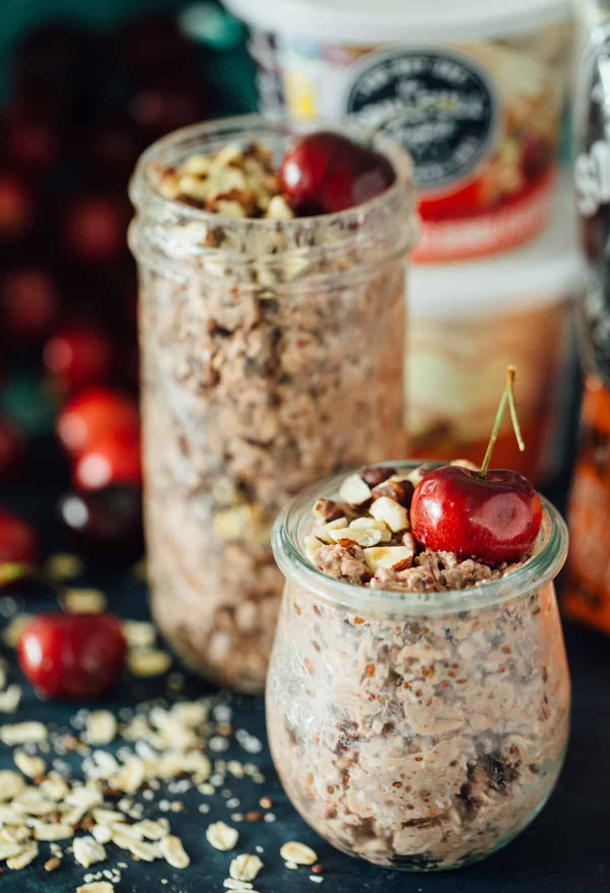 Fresh cherries make the base of this cherry pie overnight oats recipe! This takes no time to put together and you'll end up with a quick on-the-go breakfast the next morning! #TheSoulfullProject #ad