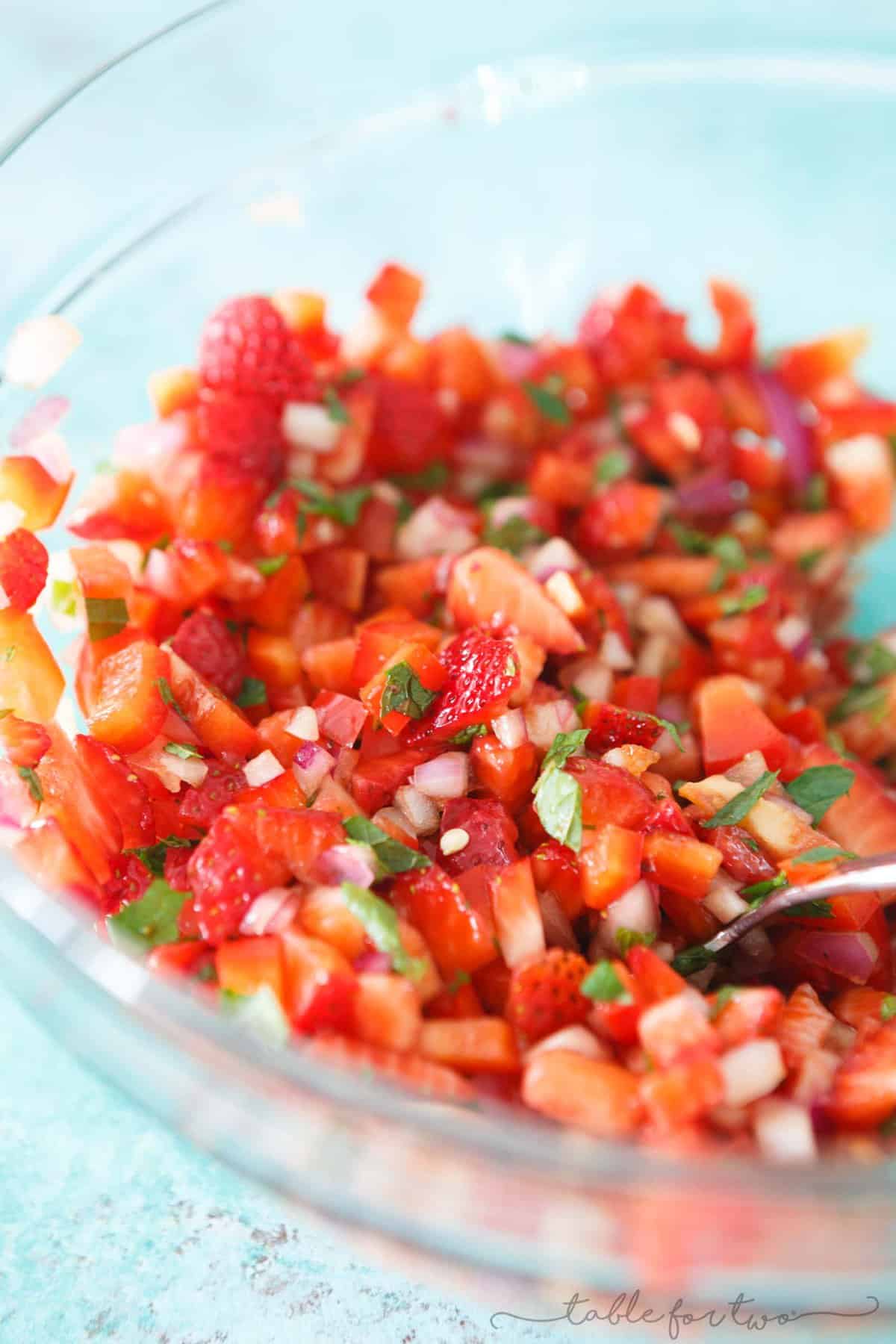 A refreshing strawberry mint salsa that is perfect for summer entertaining! A great way to use up in-season strawberries and your overabundant mint garden!