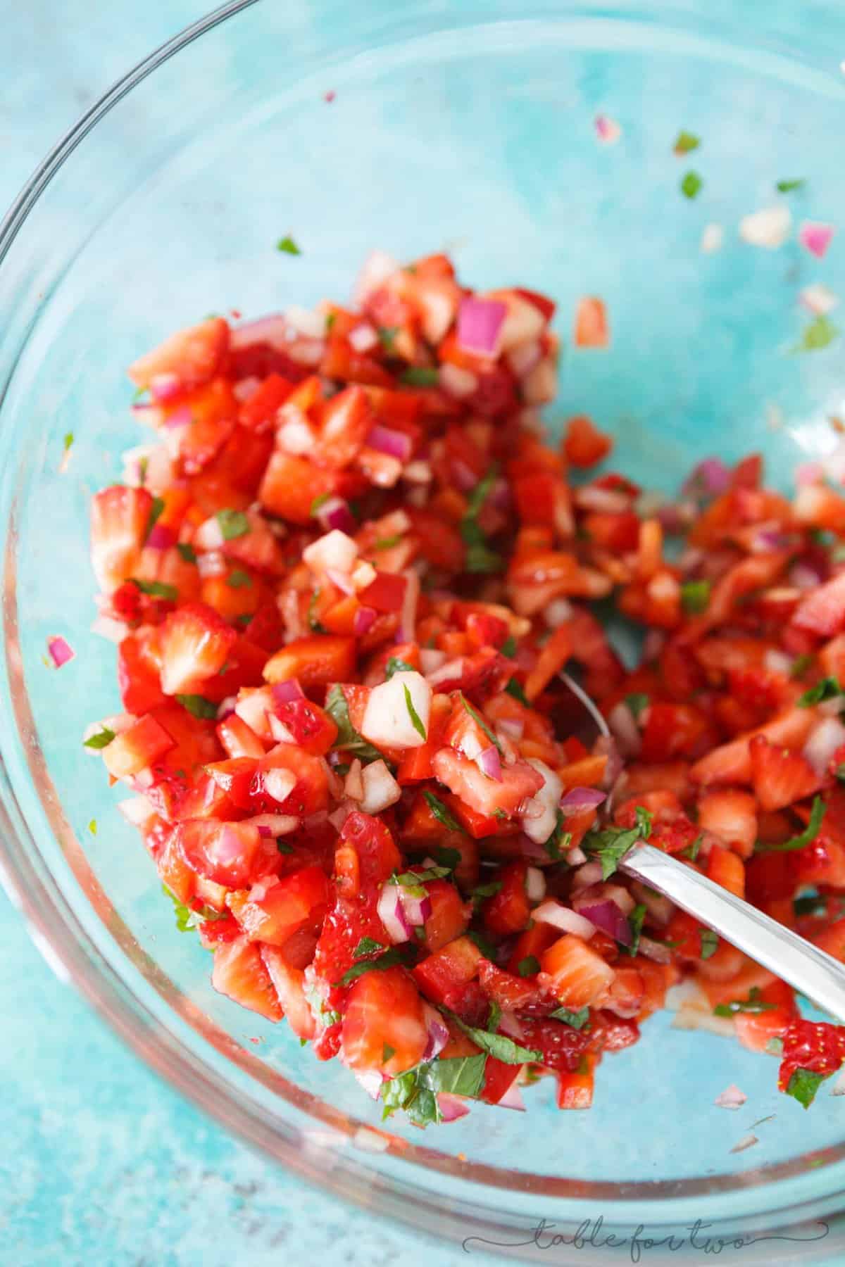 A refreshing strawberry mint salsa that is perfect for summer entertaining! A great way to use up in-season strawberries and your overabundant mint garden!