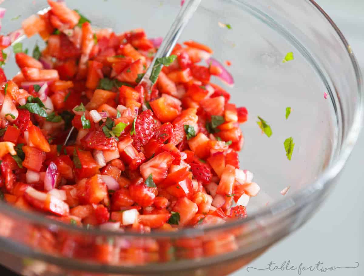 A refreshing strawberry mint salsa that is perfect for summer entertaining! A great way to use up in-season strawberries and your overabundant mint garden!