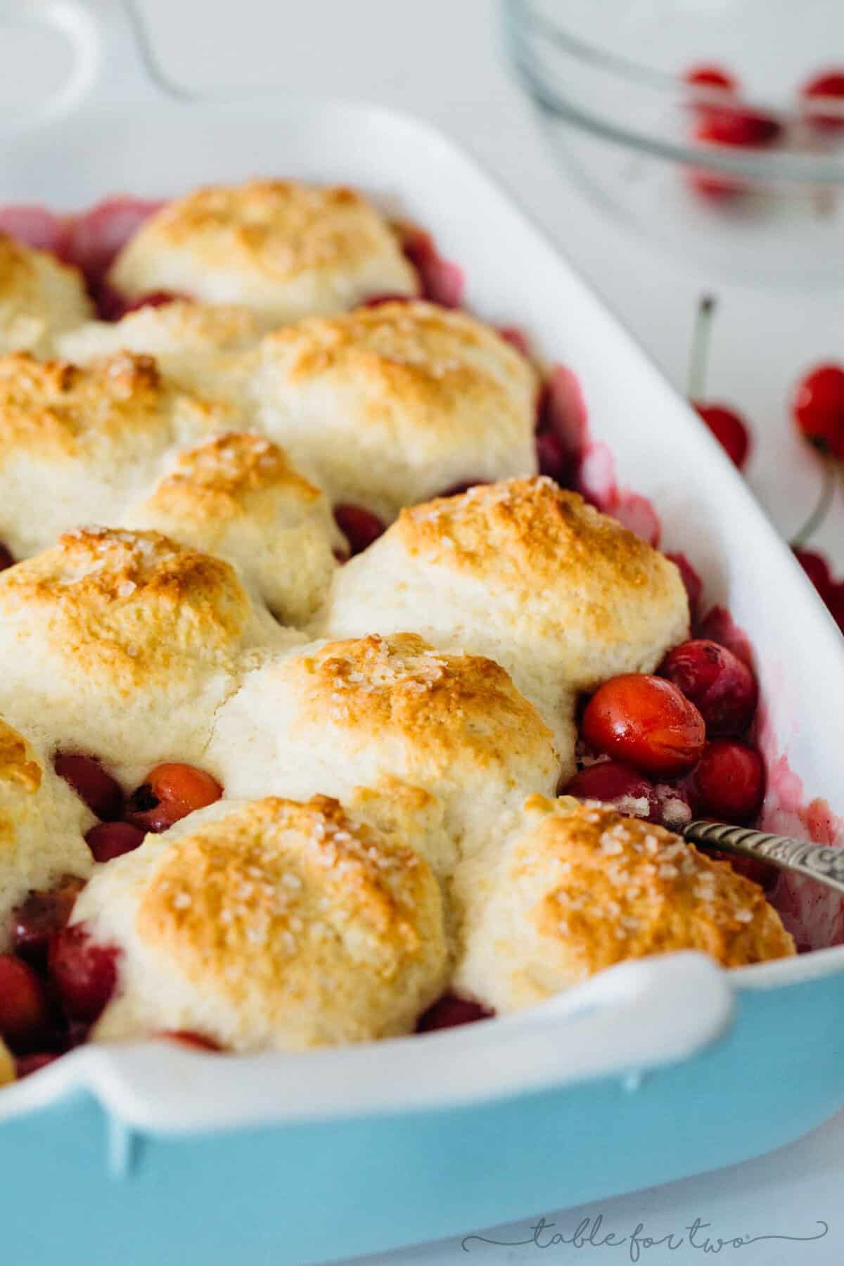 It could not be easier to make a classic sour cherry cobbler right in your own home. Using the seasonal and fresh cherries, this classic sour cherry cobbler comes together quickly and easily! Use any seasonal fruit in this recipe and top with a giant scoop of ice cream for the ultimate dessert!