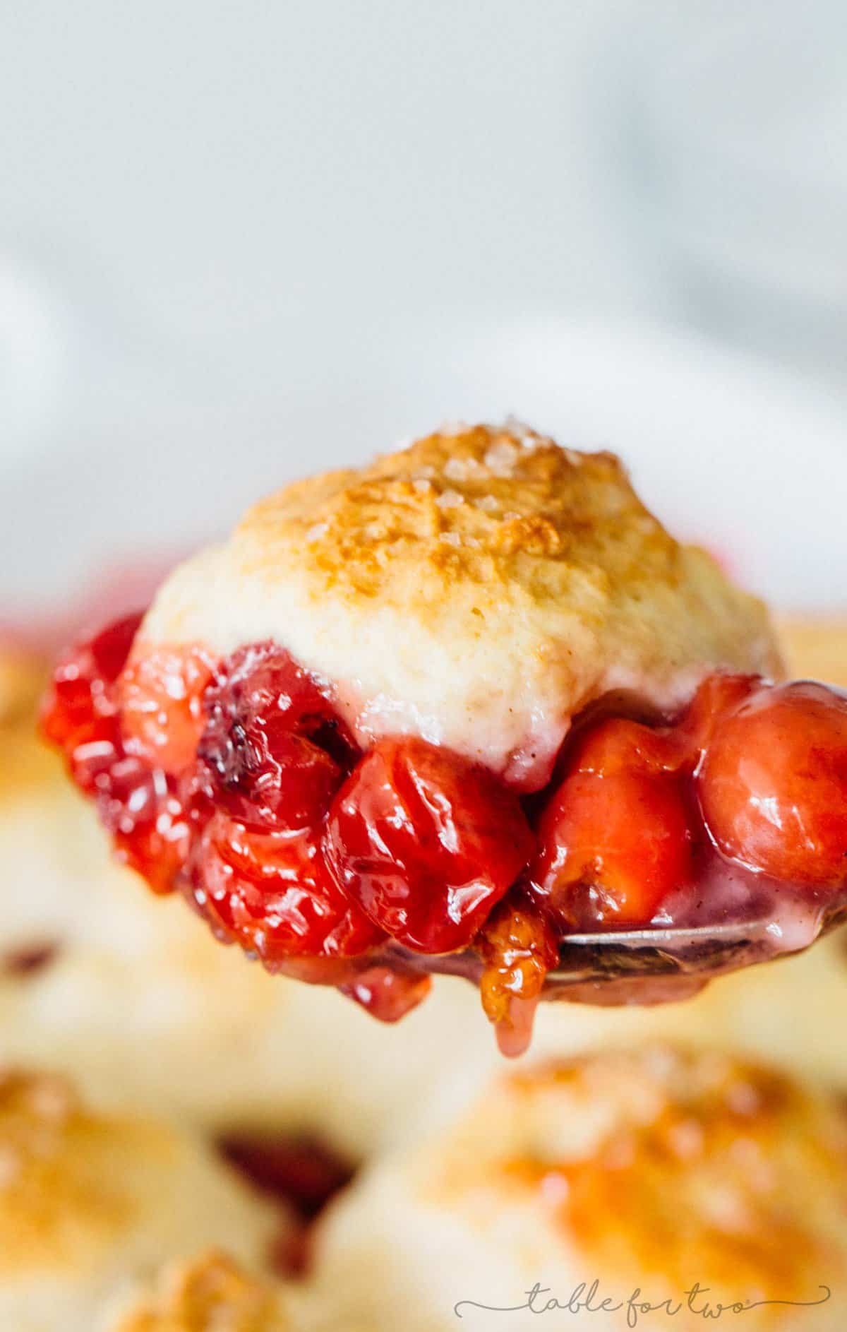 It could not be easier to make a classic sour cherry cobbler right in your own home. Using the seasonal and fresh cherries, this classic sour cherry cobbler comes together quickly and easily! Use any seasonal fruit in this recipe and top with a giant scoop of ice cream for the ultimate dessert!