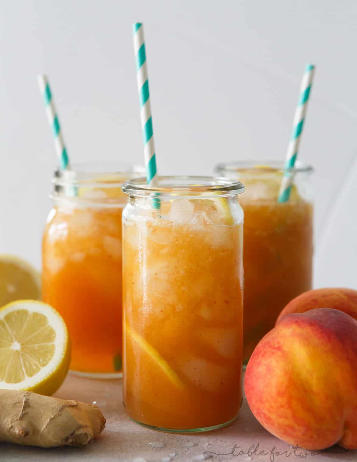 This lemon ginger peach spritzer is so fresh and refreshing that you'll be sipping on this all day! The flavors pair perfectly together and it's so easy to make with all the peaches you've picked up at the market!