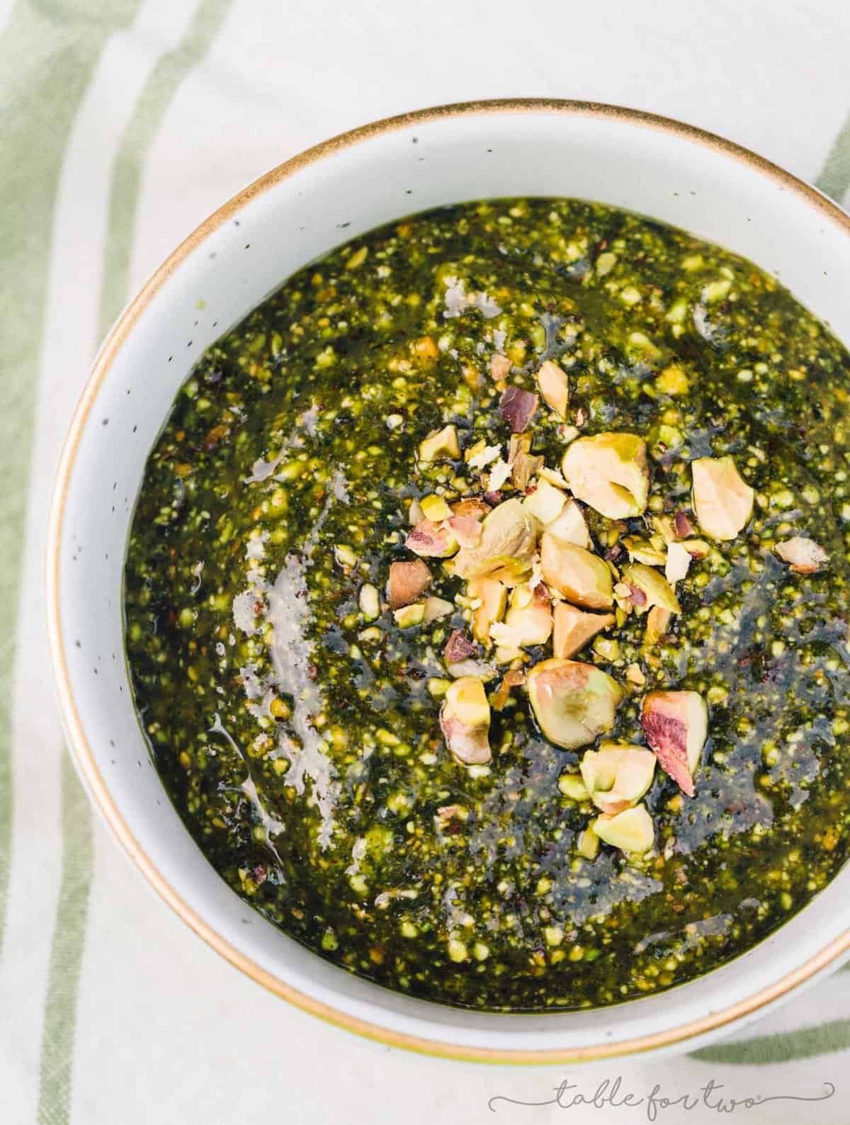 This pistachio mint pesto has so much robust flavor and is a great topping for all grilled meats, pasta, and any sort of dipping or cheese and meat platter!