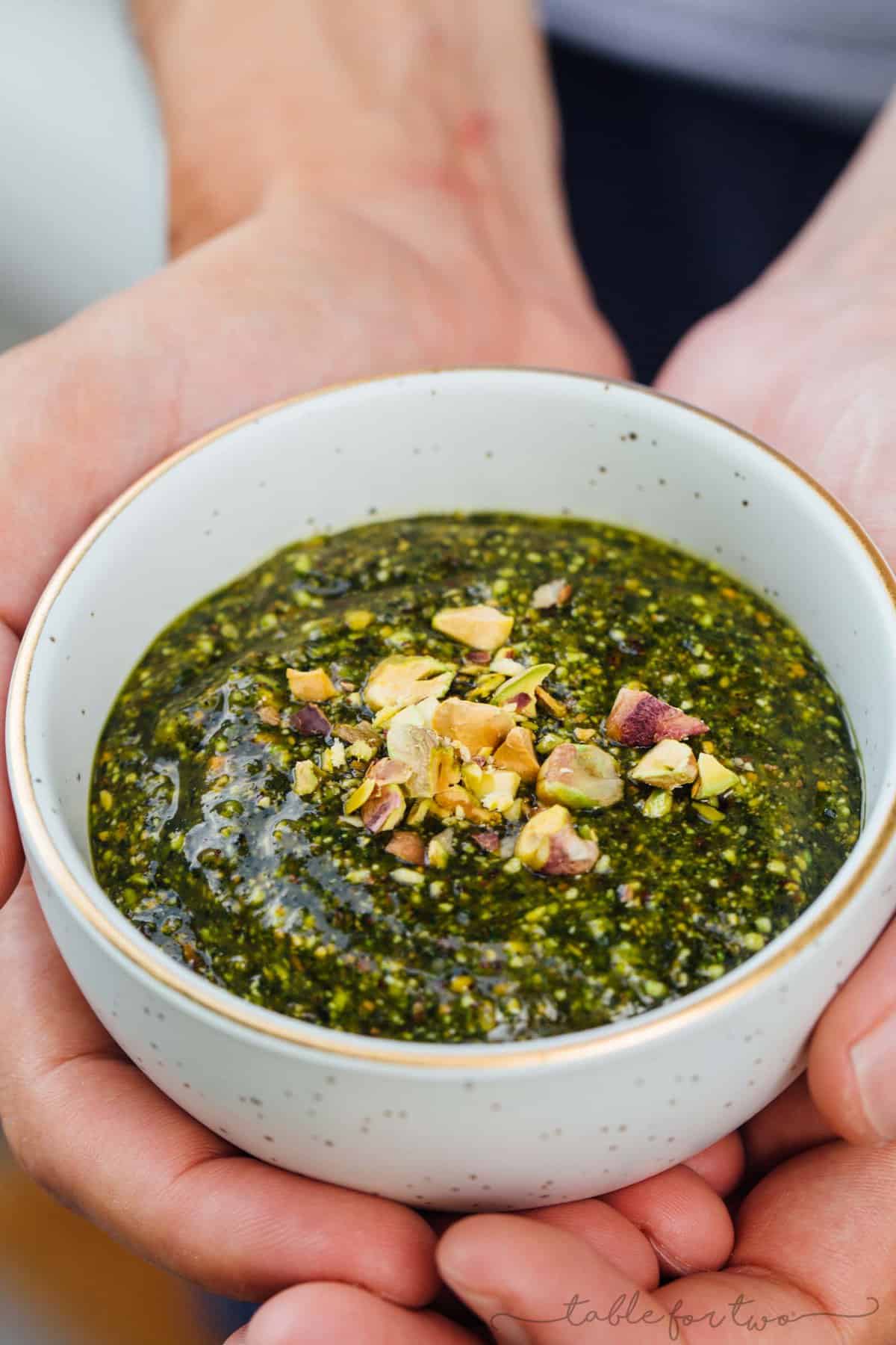 This pistachio mint pesto has so much robust flavor and is a great topping for all grilled meats, pasta, and any sort of dipping or cheese and meat platter!