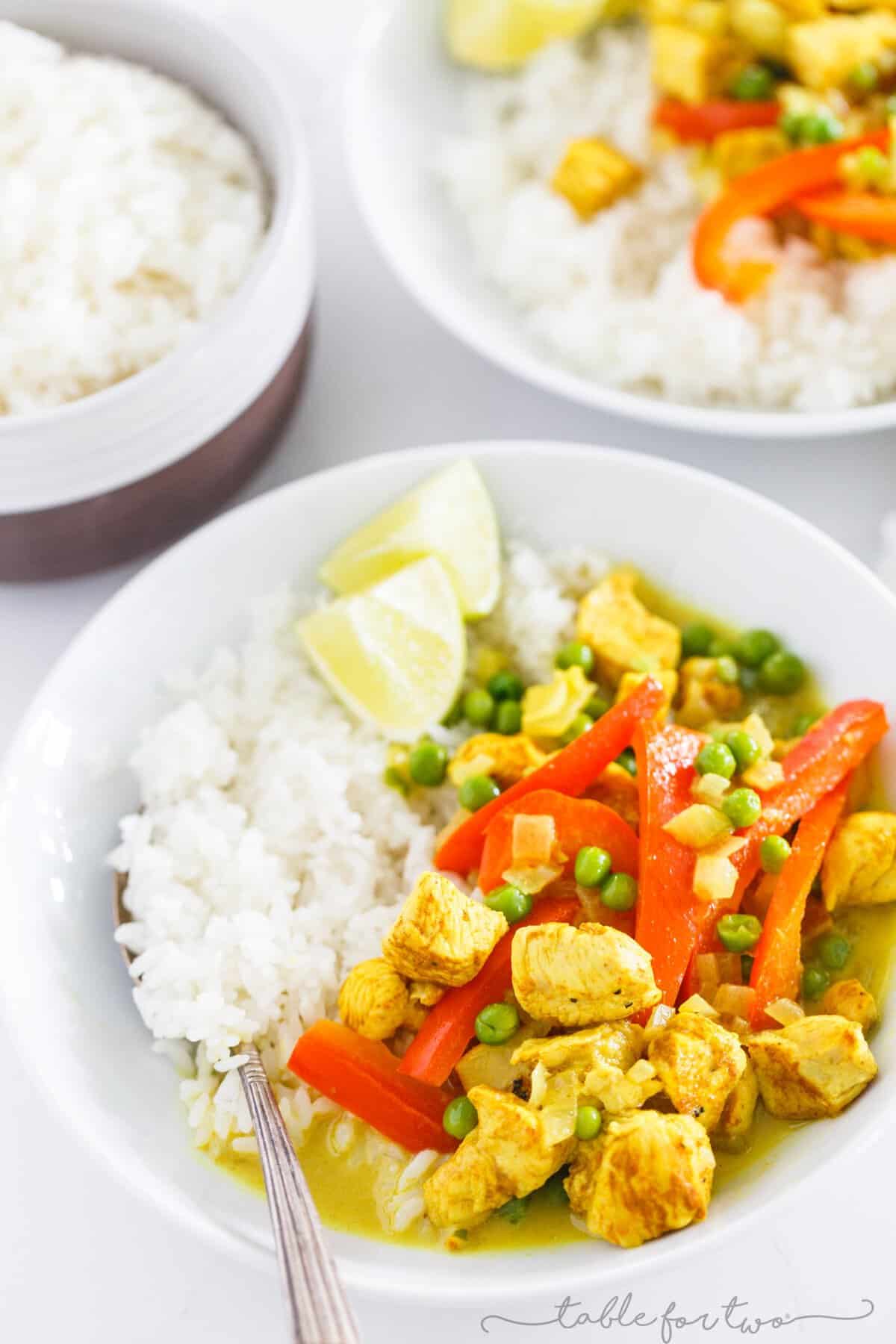 This green curry and coconut rice bowl is a delightfully flavorful easy weeknight meal or for meal prep. Simple to throw together yet not lacking in flavor one bit!