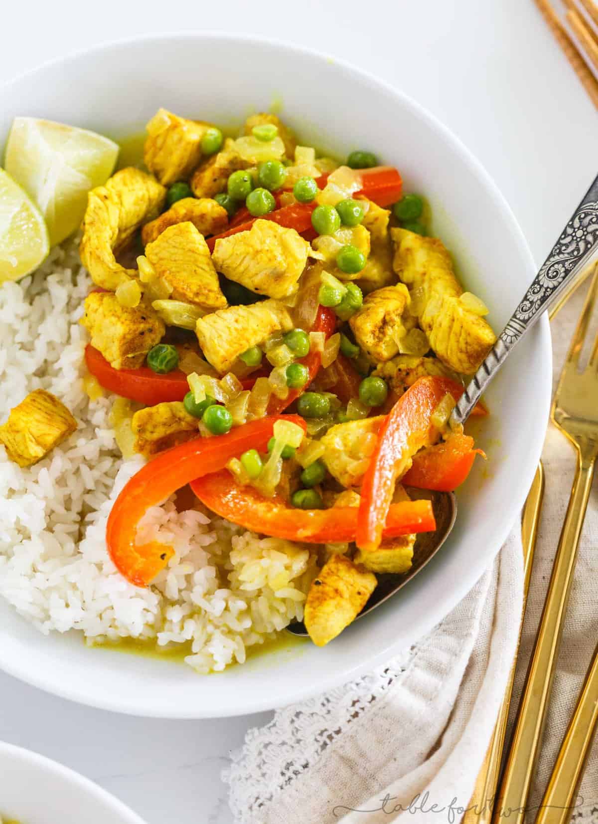 This green curry and coconut rice bowl is a delightfully flavorful easy weeknight meal or for meal prep. Simple to throw together yet not lacking in flavor one bit!