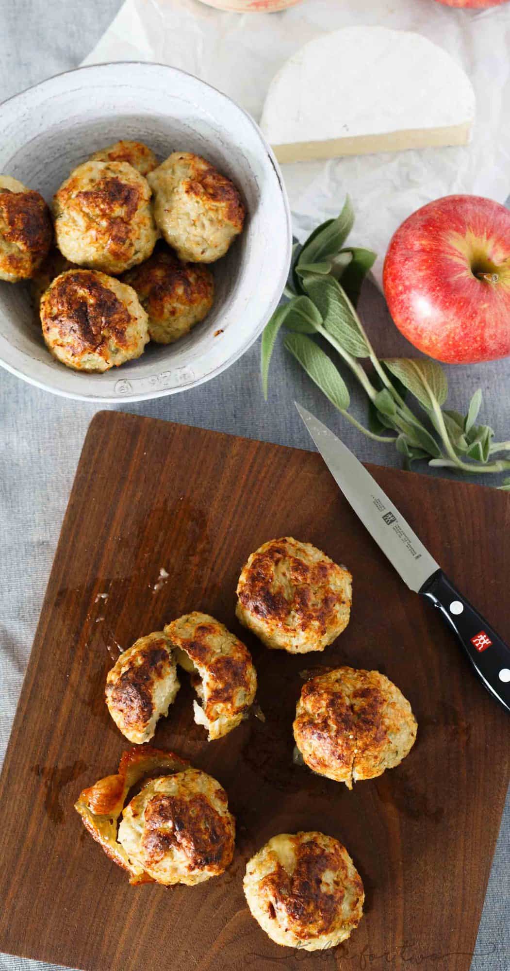 Stuffing anything with cheese automatically makes it exponentially better. These stuffed cheesy chicken apple and sage meatballs give the element of surprise with brie in the center of these!