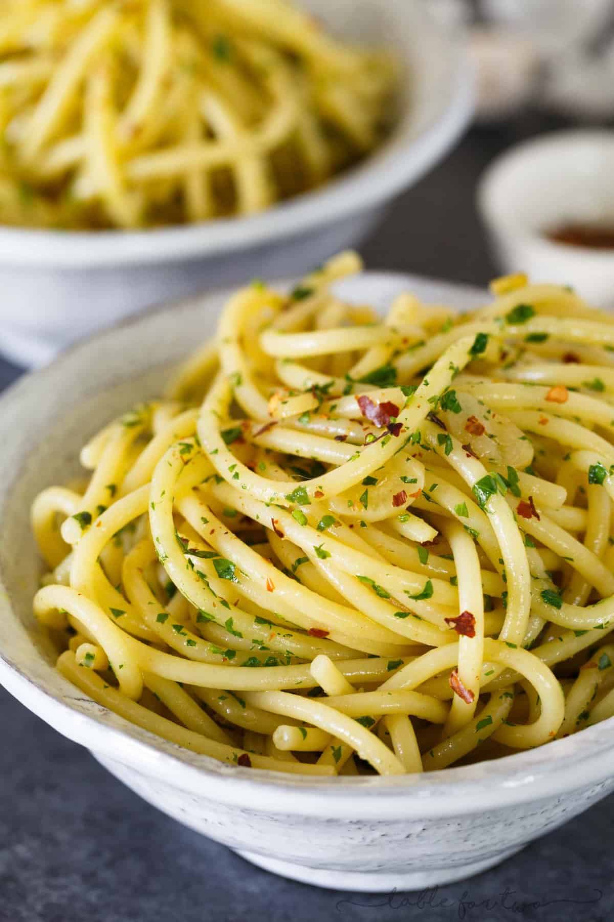Pasta aglio e olio is a classic Italian pasta dish that has the simplest ingredients but full of big flavor. Incredibly easy to throw together any night of the week when you're craving some light pasta!